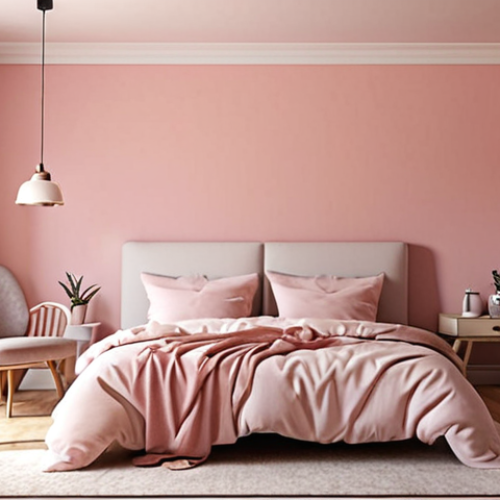 Home 15 **
A cozy bedroom interior with pastel colors, specifically a light rose/pink on the walls. Emphasis on creating a calming and relaxing atmosphere, perhaps with soft lighting. The style should evoke a sense of personal preference and comfort rather than a trendy or generic design.
**
