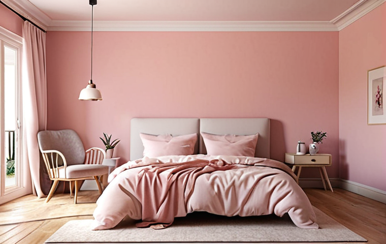 **

A cozy bedroom interior with pastel colors, specifically a light rose/pink on the walls. Emphasis on creating a calming and relaxing atmosphere, perhaps with soft lighting. The style should evoke a sense of personal preference and comfort rather than a trendy or generic design.

**