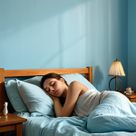 **A serene bedroom with light blue walls, linen bedding in pastel colors, and warm, dim lighting. A woman is sleeping peacefully.** (Focuses on the bedroom section and emphasizes relaxation).