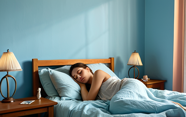 **A serene bedroom with light blue walls, linen bedding in pastel colors, and warm, dim lighting. A woman is sleeping peacefully.** (Focuses on the bedroom section and emphasizes relaxation).