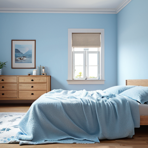 Home 7 ** A cozy bedroom with light blue and white walls, creating a peaceful atmosphere. Include soft, natural light.
**
