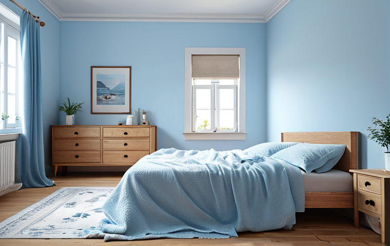 ** A cozy bedroom with light blue and white walls, creating a peaceful atmosphere. Include soft, natural light.

**